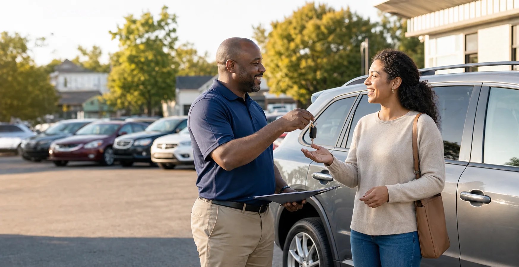 Independent dealership professional handing vehicle keys to a satisfied customer