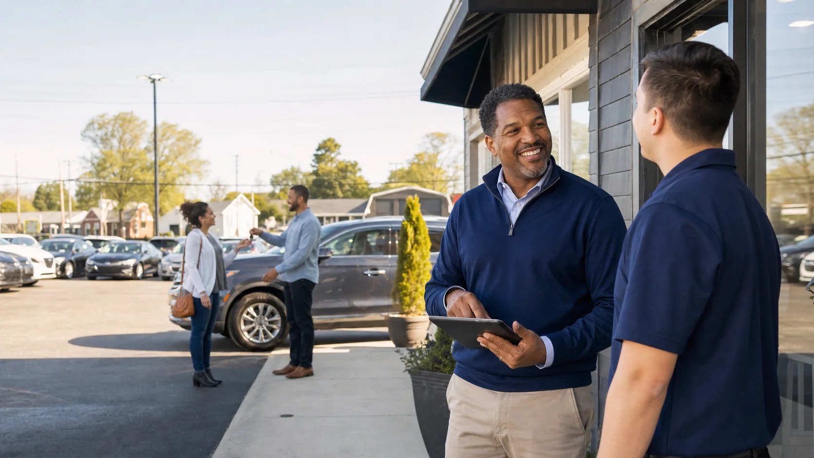 Independent auto dealer reviewing dealership activity with a staff member while a customer receives vehicle keys