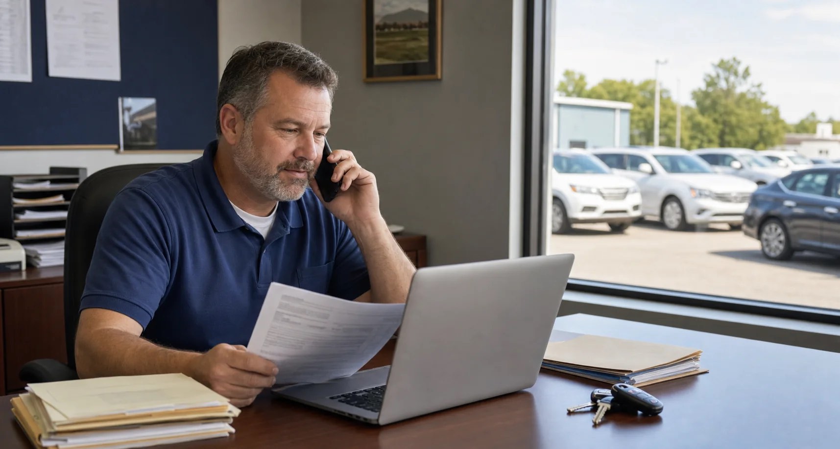 Auto dealership servicing manager reviewing insurance documents and account information